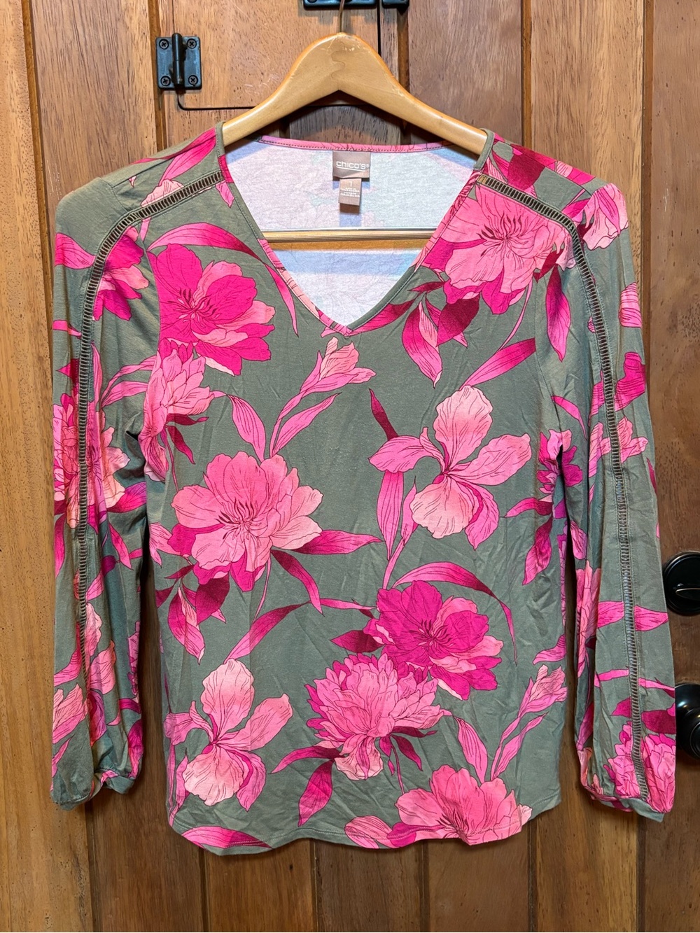 Chico’s Olive Green V-Neck Top with Hot Pink Floral Print